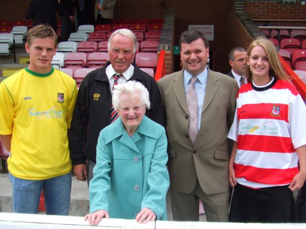 K's chairman Jimmy Cochrane and Mark Anderson joined by lifelong fan Dorothy Hall