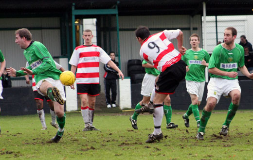 Bobby Traynor's strike blocked by Tommy Moorhouse