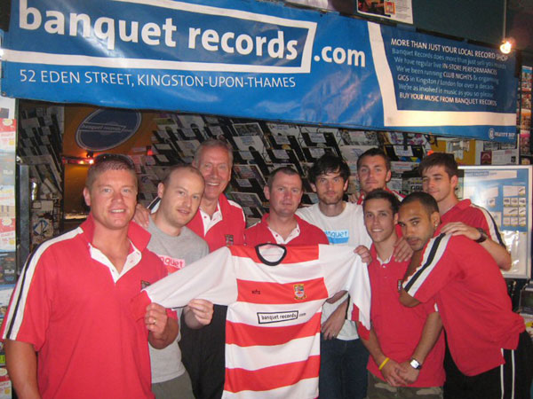 (left to right) Mark Hams, Mike Smith (Banquet Records), Martin Tyler, Alan Dowson, Jon Tolley (Banquet Records), Neil Lampton, Nick Rundell, Jon Coke, Stuart Reeks